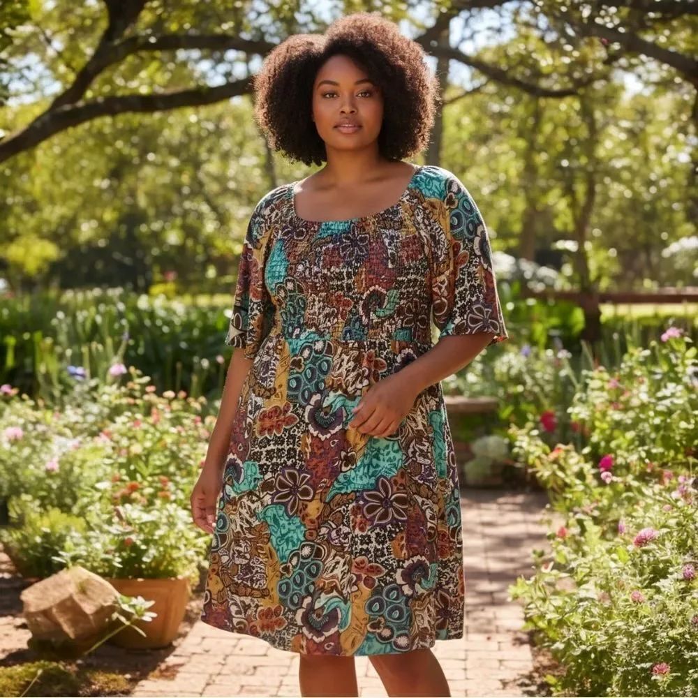 New Direction Smocked & Colorful Floral Dress 2X